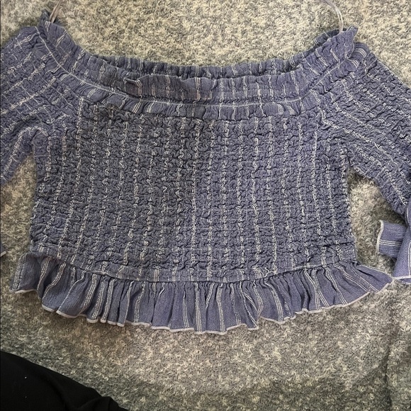 Free People Smock Around Striped Cropped Blouse Top Blue Bell Sleeves Medium - Picture 7 of 7